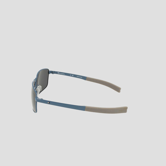 Experience the Champion Men’s Polarized Stainless ST-Shirtl Flex Grip Tip sunglasses—showcased from a side angle against a plain light background. This pair features a sleek blue frame with brown flex grip tips and polarized lenses for enhanced clarity, making them perfect for active lifestyles.