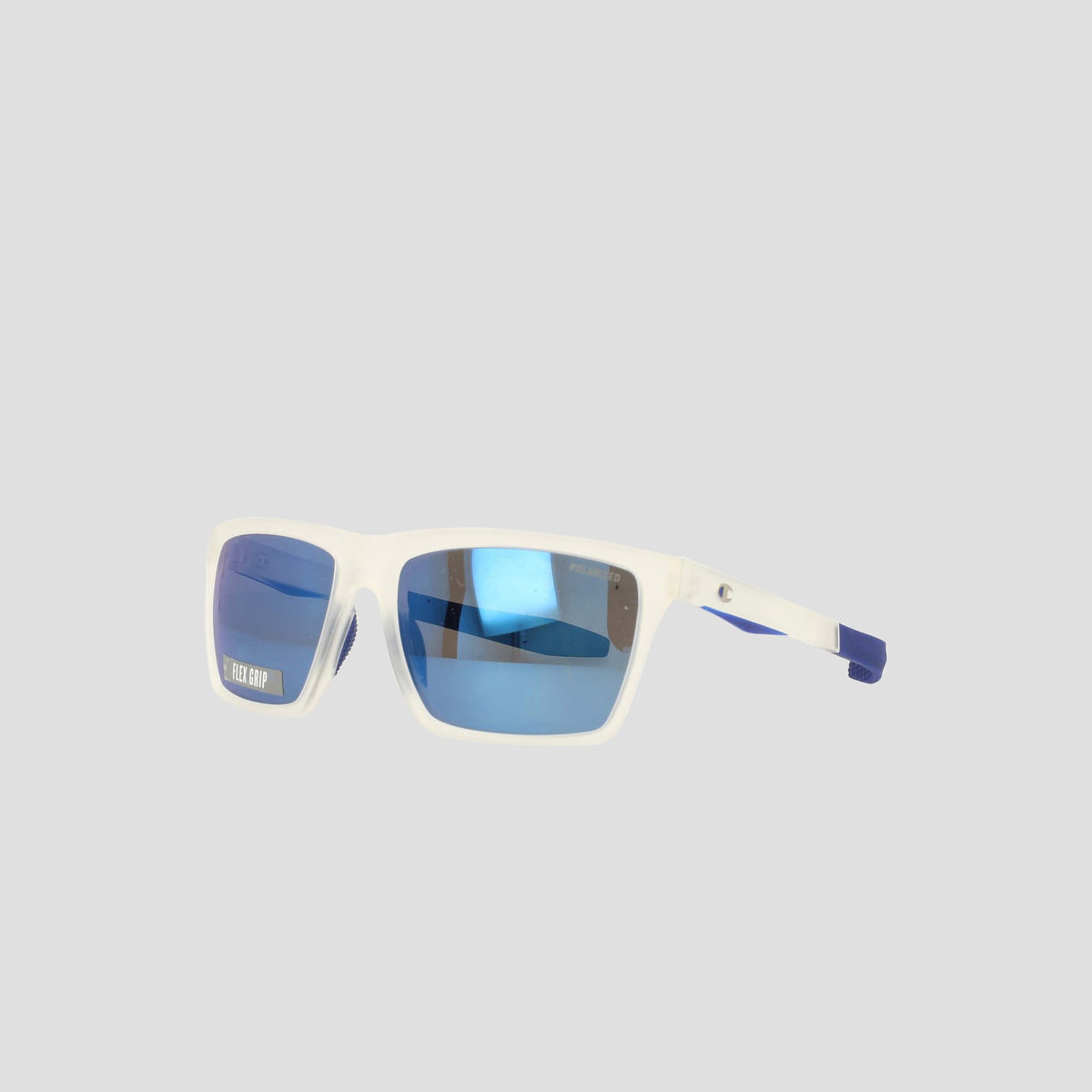 The Champion Men's Polarized Grilamid Flex Grip Tip - Medium sunglasses feature a white frame with blue-tinted rectangular lenses and matching blue arms, crafted from lightweight TR90 in an RX-able design, and are displayed on a plain light gray background.