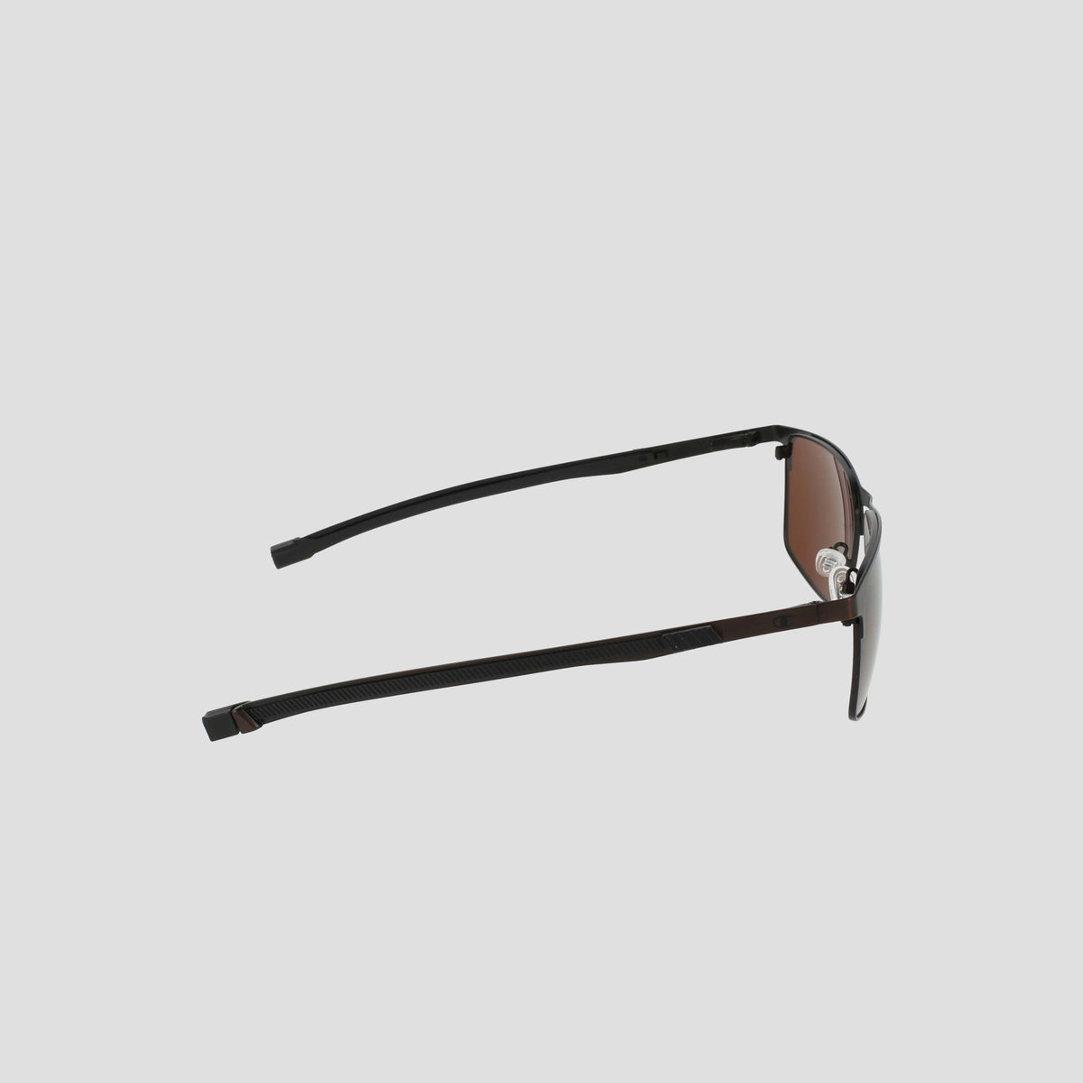 Men's Polarized Retainer Stainless ST-Shirtl Square sunglasses by Champion, featuring brown lenses and a thin black stainless steel frame, are displayed from the side on a plain light gray background. The arms of the sunglasses are slightly open and angled upwards.
