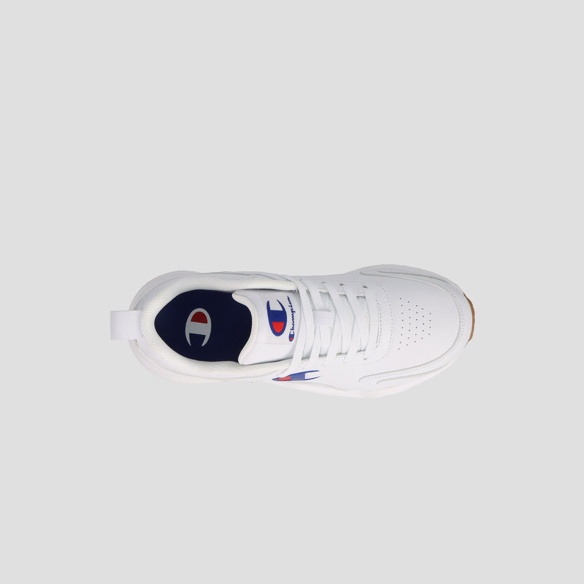 Top view of the Men's Hyper V3 Next sneaker by Champion, featuring a perforated toe, durable mesh upper, navy blue insole, and Champion logos on the tongue and inner lining, set against a plain light grey background.