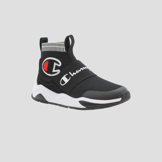 The Champion Kids' Rally Pro features a black mesh slip-on design with white and red logo details, a white and black sole, and a sock-style ankle collar for a modern kids' sneakers look.