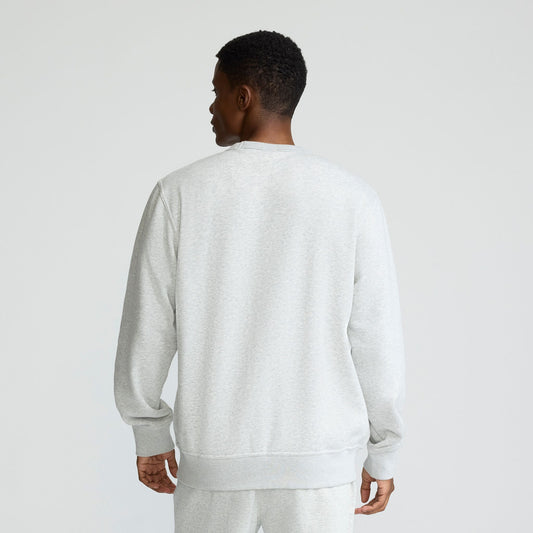 Champion Powerblend Crewneck Sweatshirt, Classic Script Logo in Platinum Silver Heather