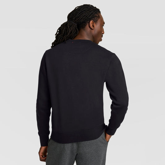 A person with long, braided hair stands with their back to the camera, wearing a black Champion Powerblend Crewneck Sweatshirt, Tonal Script Logo, and gray pants against a plain light gray background.