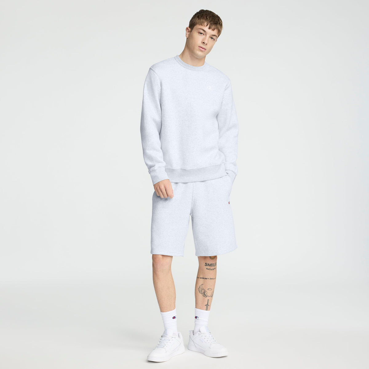 Champion Powerblend Crewneck Sweatshirt, C Logo in Platinum Silver Heather