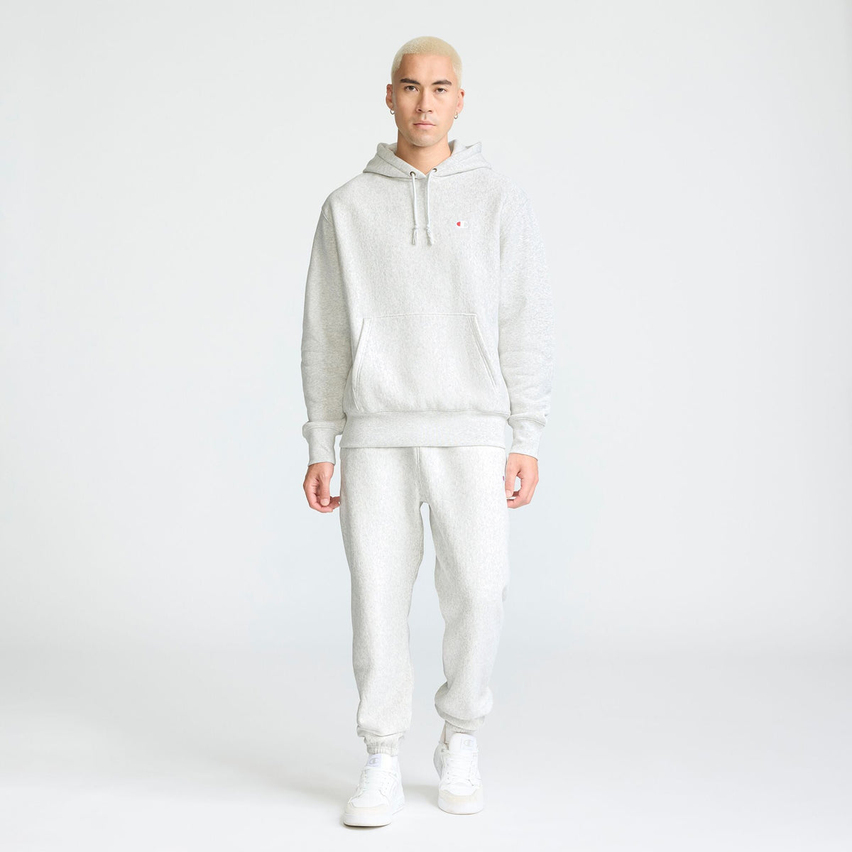 Champion Reverse Weave Hoodie, C Logo in Platinum Silver Heather