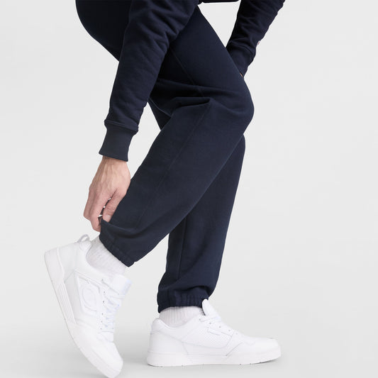 Champion Powerblend Sweatpants, Relaxed Hem, C Logo in Navy
