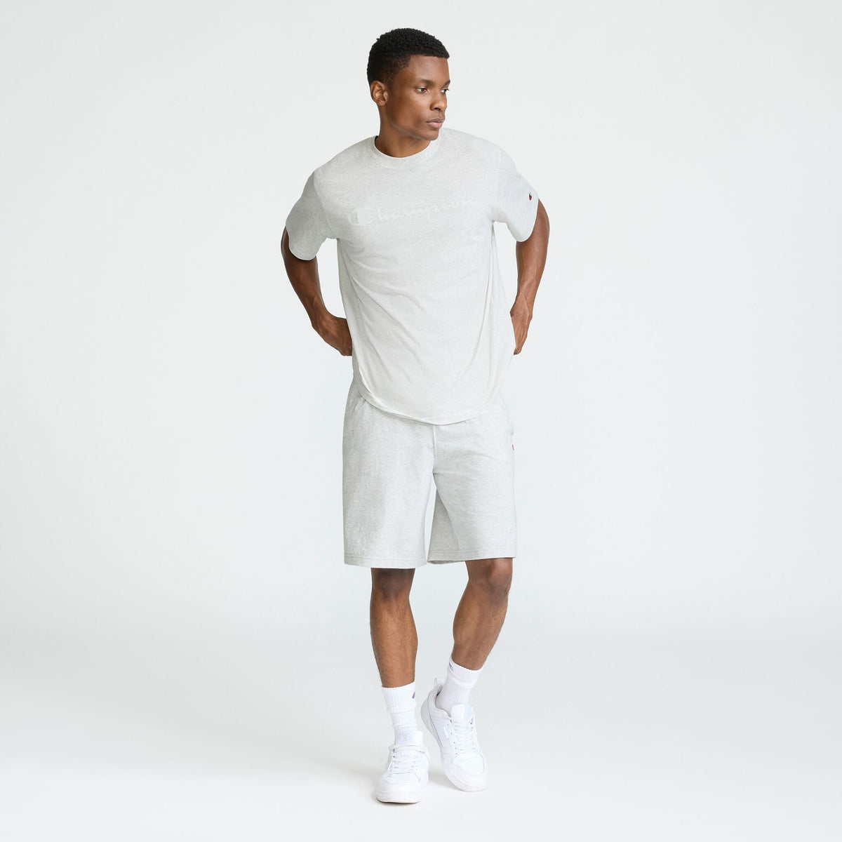 Champion Classic Graphic T-Shirt, Tonal Script Logo in Platinum Silver Heather