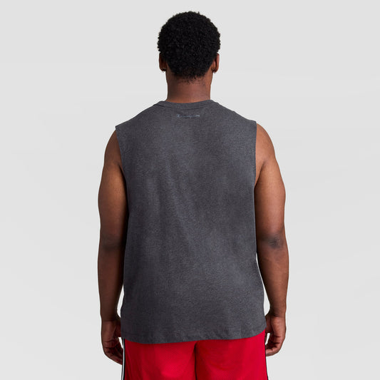 Back view of a person wearing a charcoal gray Muscle Tank, C Logo - Big & Tall and red athletic shorts.