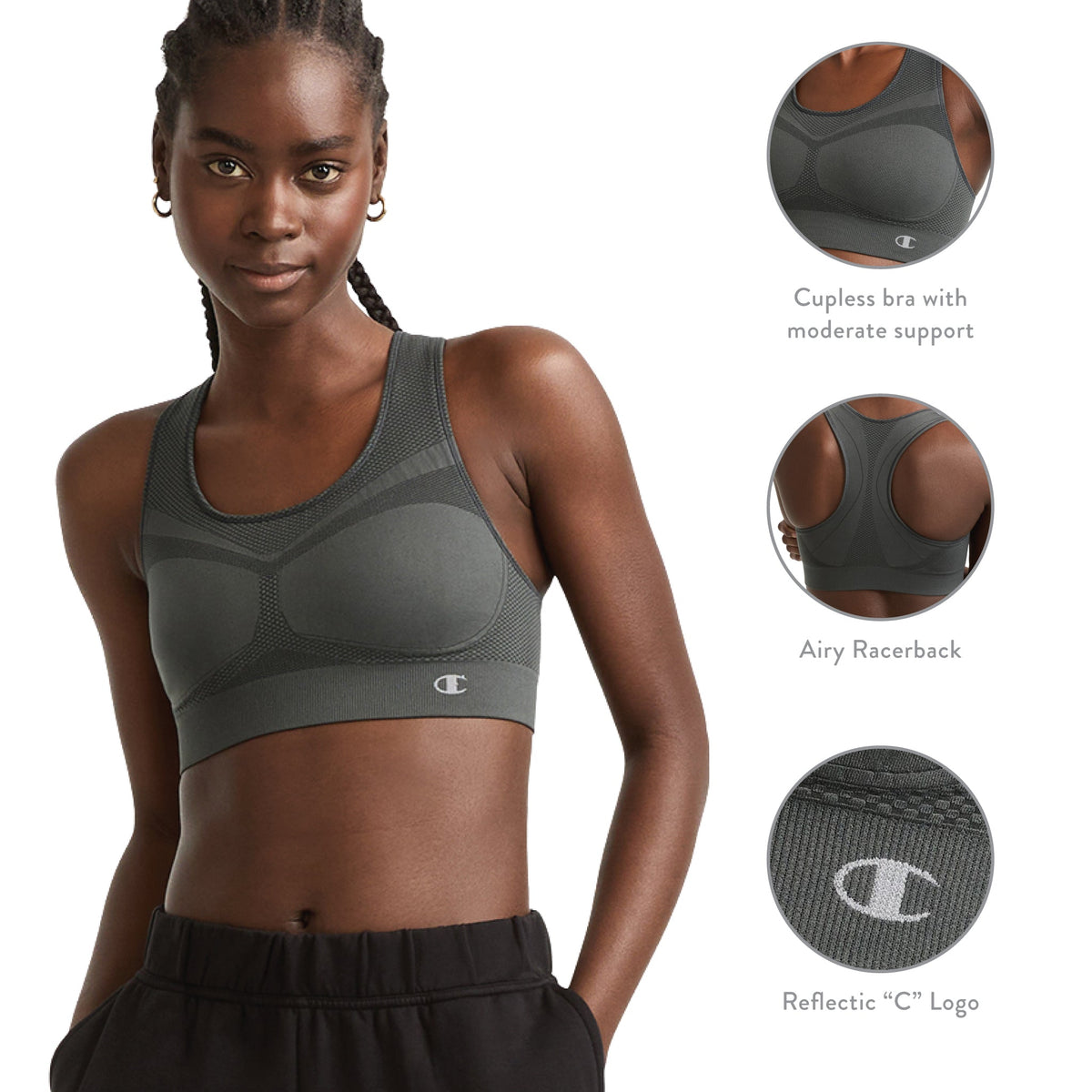 A woman models the Champion Seamless Racerback Sports Bra in dark gray, designed for moderate support. Three close-up shots highlight the supportive front panel, breathable seamless racerback, and a reflective Champion logo. She stands with her hands in her pockets and a slight smile.