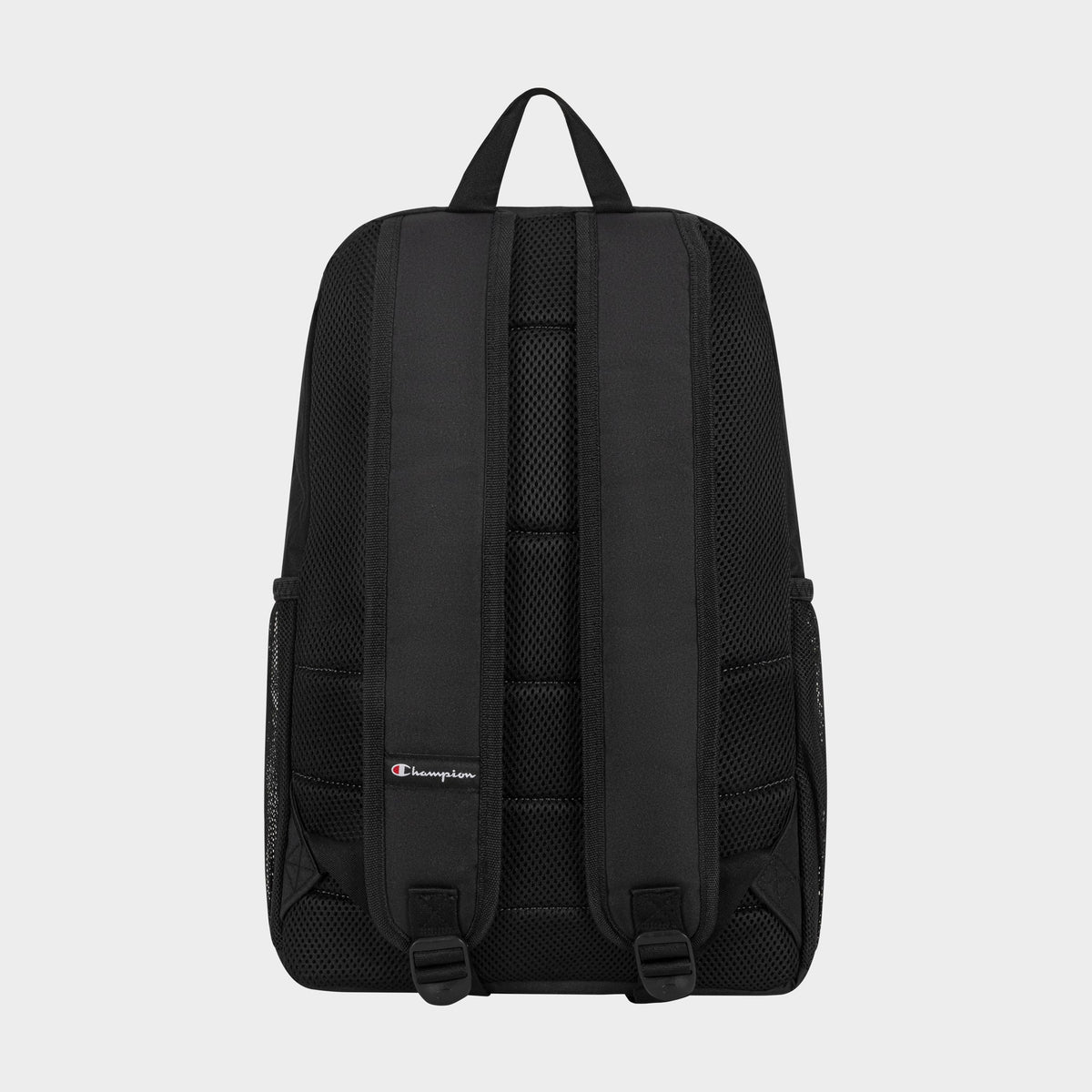 The Champion Luna Backpack is a black minimalist everyday backpack with two padded shoulder straps, a small Champion logo tag, breathable mesh back panel, and an interior laptop sleeve.
