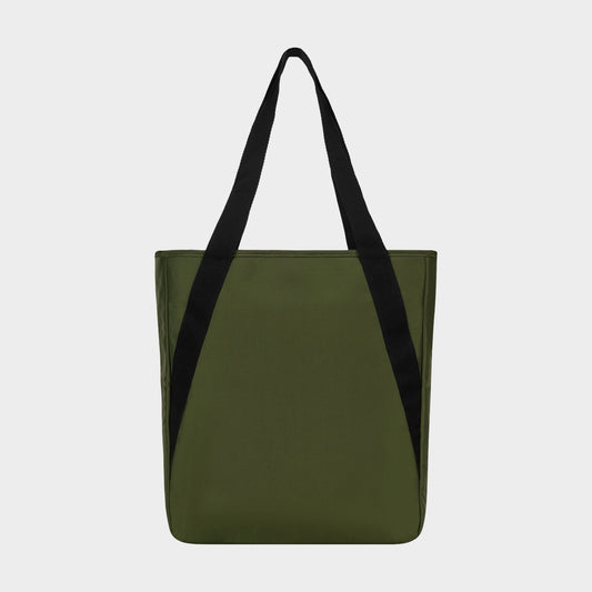 The Champion Lottie Tote is a simple, rectangular olive-green bag with black handles. Unadorned and versatile, this everyday essential blends style and practicality—shown here against a plain white background.