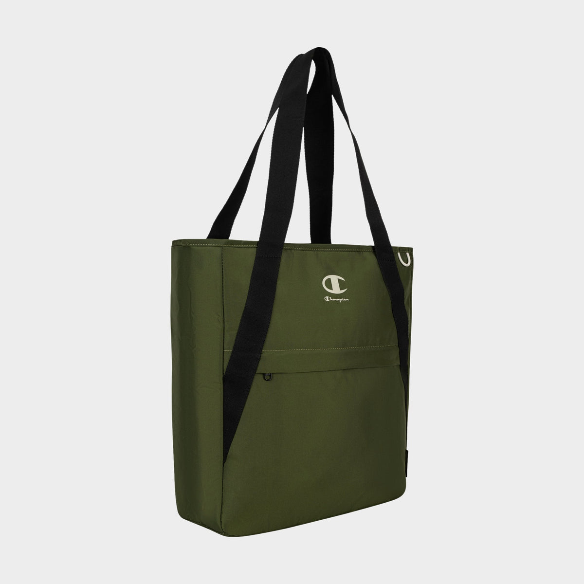 The Champion Lottie Tote is a durable nylon bag with black straps, a front zipper pocket, and the Champion logo in white on the upper front. Set against a plain light gray background, this everyday essential from Champion combines style with functionality.
