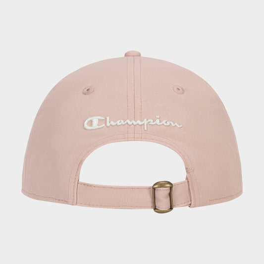 A light pink Amber Chenille Adjustable Cap by Champion, shown from the back, features white Champion embroidery and an adjustable strap with a brass buckle for a relaxed fit.