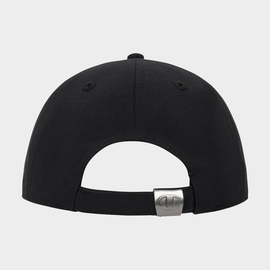 Introducing the Bonnie Recycled Adjustable Cap by Champion in black—seen from the back, this sustainable cap features stitched eyelets, a top button, and an adjustable strap with a metallic clasp adorned by a small metal Champion logo, blending style and comfort.