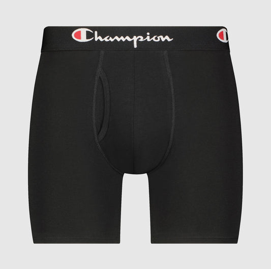 Champion Cotton Stretch Boxer Brief - 5 Pack: Black boxer briefs with long leg design, moisture wicking fabric, and a black waistband featuring the white and red Champion logo. Shown on a plain light gray background.