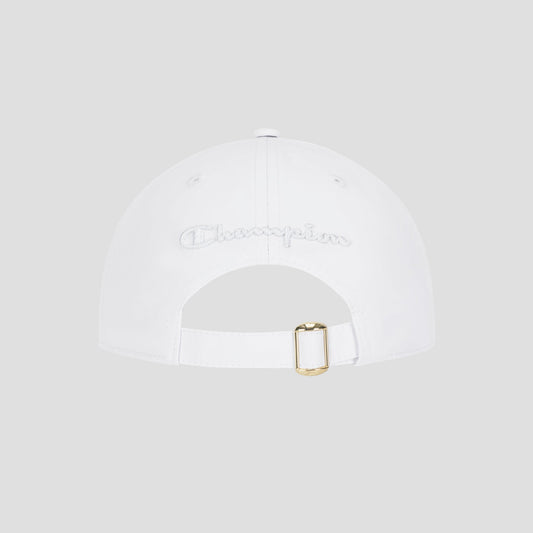 A back view of the Champion Lifestyle Sport Adjustable Cap in white, showcasing an adjustable strap with a gold buckle and the Champion logo embroidered above the opening in white thread.