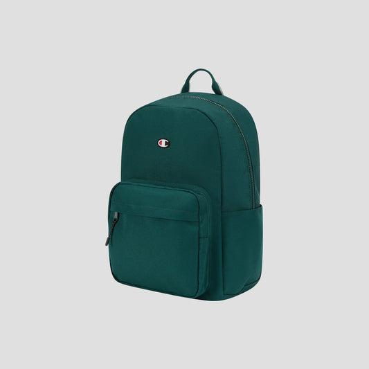 The Champion Level Backpack, shown here in dark green against a plain light gray background, combines iconic style with practical features like a front zip pocket, smart compartments—including a side pocket—a top handle, and a subtle small Champion logo on the upper front. This durable backpack is designed for both functionality and style.