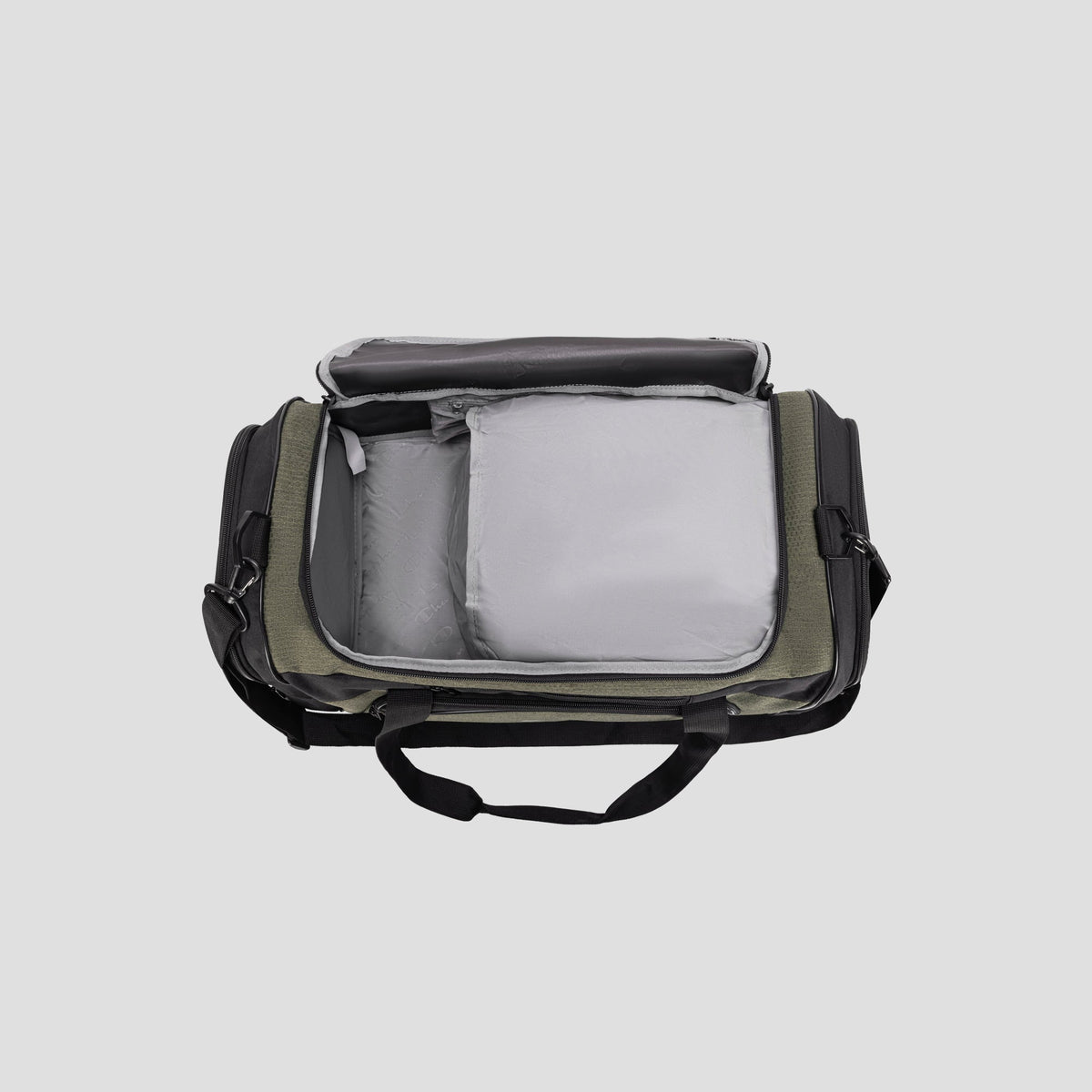 A Champion Stadium Duffel Bag in olive green and black, featuring gray padded interior compartments, is displayed on a light gray background.