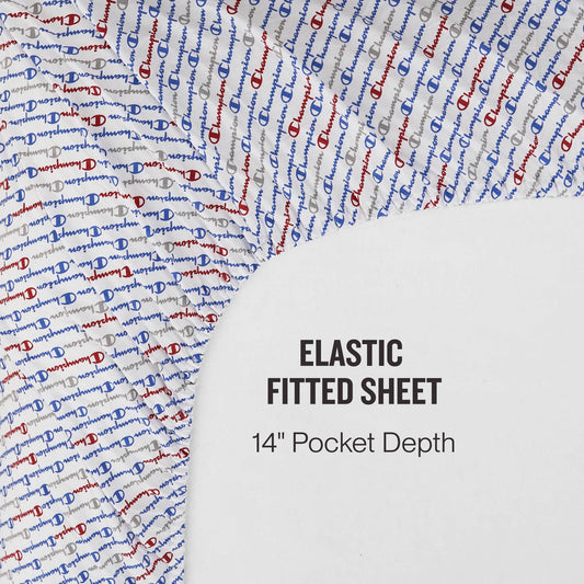 The Champion Printed Microfiber Sheet Set features an elastic fitted sheet with a 14-inch pocket depth, showcasing a bold red, white, and blue Champion logo pattern on one side and a plain white area including the product description. Enjoy exceptional comfort with these super-soft sheets—crafted for both style and everyday practicality from the Champion collection.