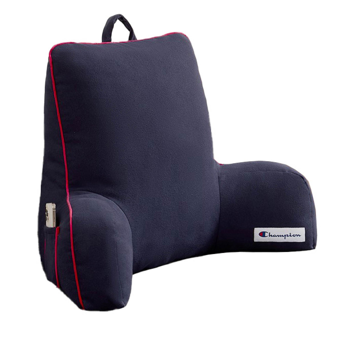 This Champion Faux Wool Backrest Pillow from Champion is designed in dark blue with supportive armrests, highlighted by bold red piping and a small Champion logo patch on the right arm. Made for comfort, this pillow features soft faux wool, a convenient side pocket, and a top handle for easy carrying.