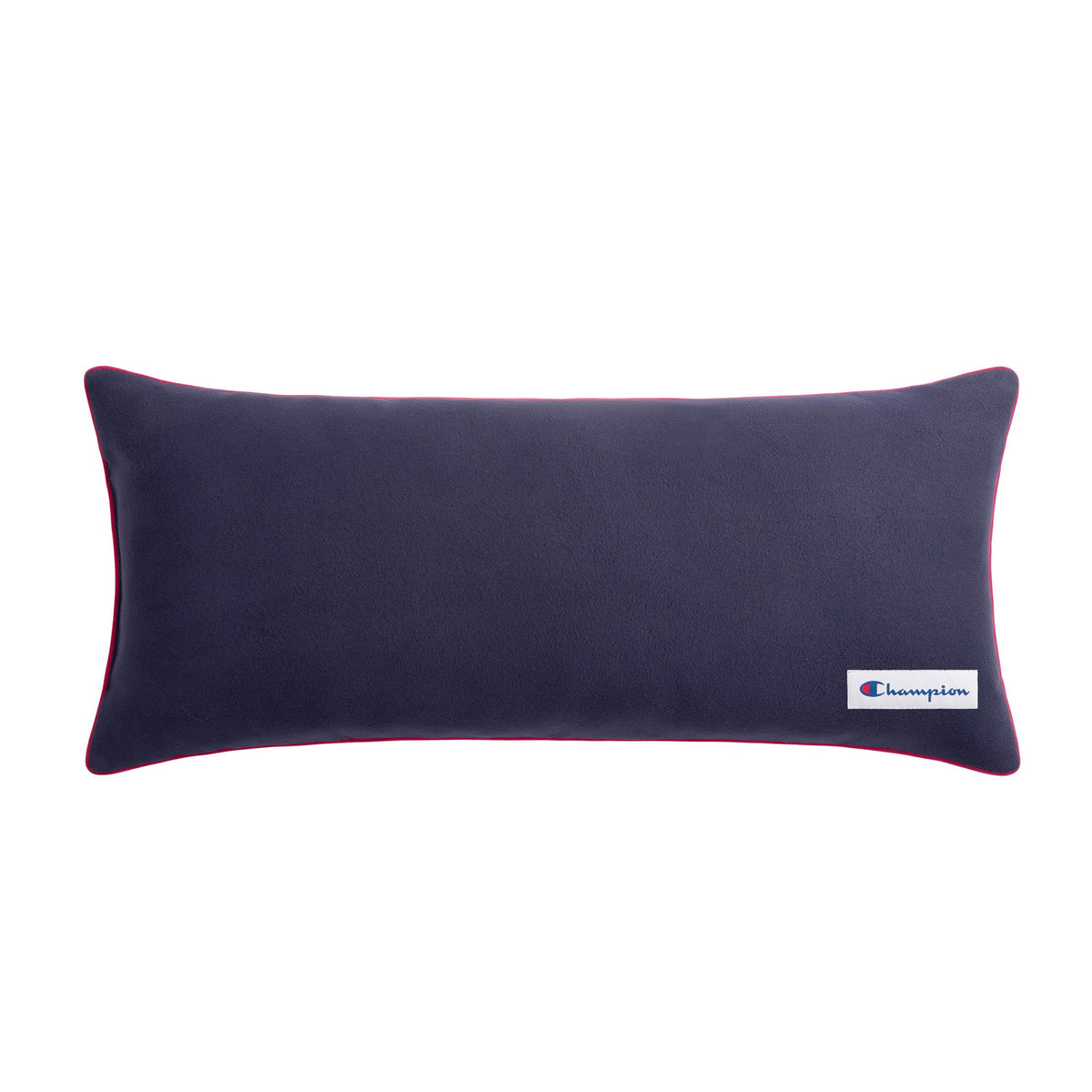 The Champion Faux Wool Body Pillow features a rectangular navy blue design with red piping along the edges and a small Champion logo tag in the bottom right corner, creating a cozy Champion accent for any space.