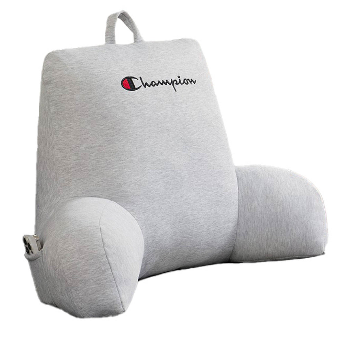 Enjoy superior comfort with the Champion Jersey Backrest Pillow, a light gray bedrest cushion featuring supportive armrests, a convenient top handle, and the iconic Champion logo embroidered on the front.
