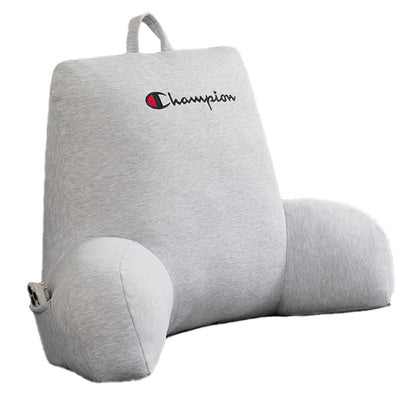 Enjoy superior comfort with the Champion Jersey Backrest Pillow, a light gray bedrest cushion featuring supportive armrests, a convenient top handle, and the iconic Champion logo embroidered on the front.