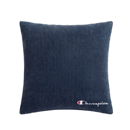 Champion 18" x 18" Logo Pillow by Champion in square navy blue corduroy, featuring a polyester cover and an embroidered Champion logo in white and red on the bottom right corner.