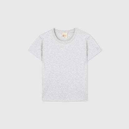 A Champion Women’s Knitted Crewneck T-Shirt in light gray is laid flat on a white background, displaying the front side and its classic crew neckline.