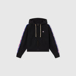 Women’s Icon Hooded Full Zip Sweatshirt by Champion features front pockets, hood drawstrings, and blue-and-red logo stripes on both sleeves. Made from heavyweight fleece and shown on a plain gray background.