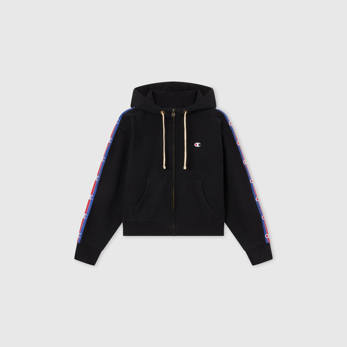 Women’s Icon Hooded Full Zip Sweatshirt by Champion features front pockets, hood drawstrings, and blue-and-red logo stripes on both sleeves. Made from heavyweight fleece and shown on a plain gray background.