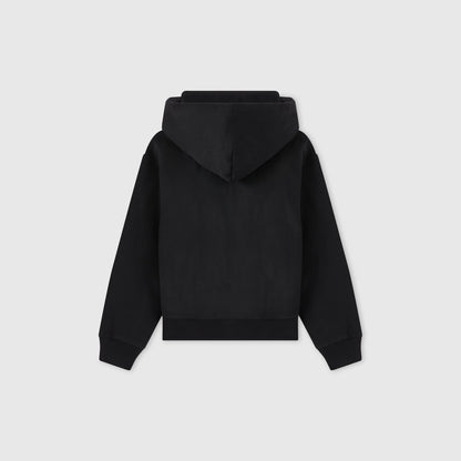 A plain black Women’s Icon Hooded Full Zip Sweatshirt by Champion is shown from the back, with the hood up and sleeves spread outward, against a light gray background.