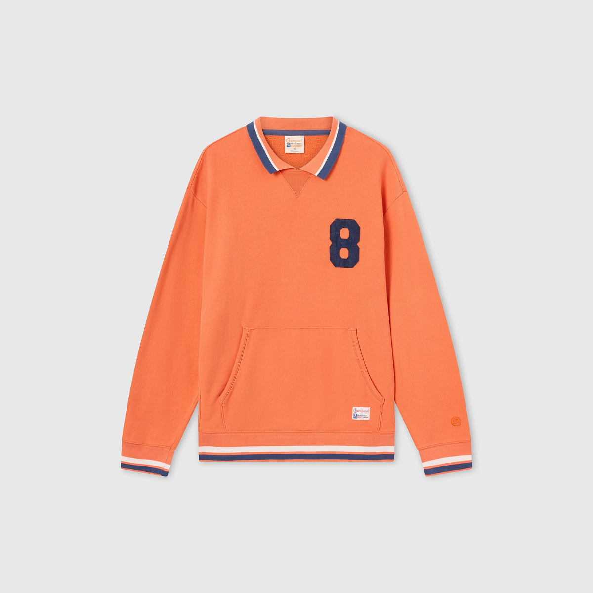 Introducing the Champion Men’s Knitted Polo Neck Sweatshirt in vibrant orange, designed with classic polo-collar styling. This standout sportswear piece features a navy blue number 8 on the chest, front pocket, and striped navy and white accents on the collar and cuffs—an essential addition to any men’s collection.