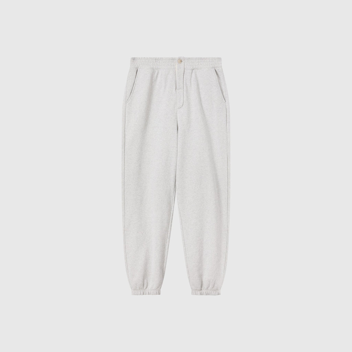 Men’s Knitted Elastic Cuff Pants by Champion in light gray, crafted from heavyweight fleece. These sweatpants feature an elastic waistband and cuffs, front pockets, and a button closure. Shown against a plain white background, they offer classic Reverse Weave durability and comfort.