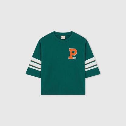 Men’s Knitted Crewneck T-Shirt by Champion in green with short sleeves and a relaxed fit, featuring a white and orange P HS logo on the chest and two white stripes on each sleeve, laid flat on a light gray background.
