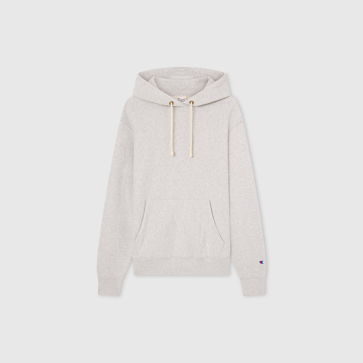 Men’s Knitted Hooded Sweatshirt by Champion in light gray, showcasing a classic Reverse Weave design with a front pouch pocket, drawstring hood, and long sleeves, presented against a plain white background.