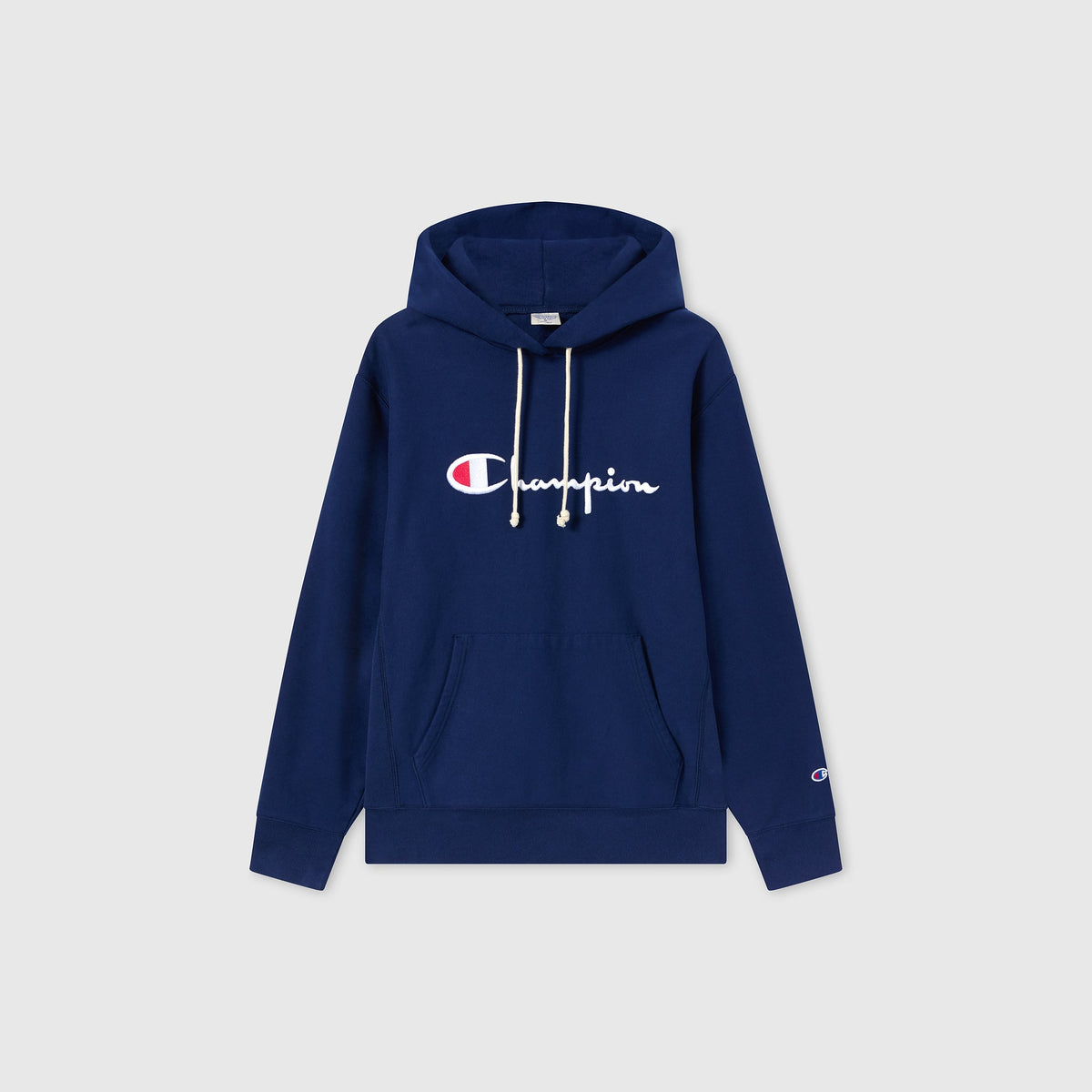 A navy blue Men’s Knitted Hooded Sweatshirt (Embroidered Logo) by Champion features a front pocket, white drawstrings, and the iconic Champion logo embroidered in white and red across the chest. This classic men’s hoodie is crafted from heavyweight fleece and is displayed against a plain light gray background.