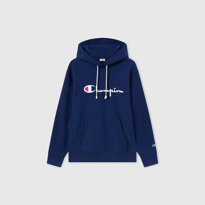 A navy blue Men’s Knitted Hooded Sweatshirt (Embroidered Logo) by Champion features a front pocket, white drawstrings, and the iconic Champion logo embroidered in white and red across the chest. This classic men’s hoodie is crafted from heavyweight fleece and is displayed against a plain light gray background.
