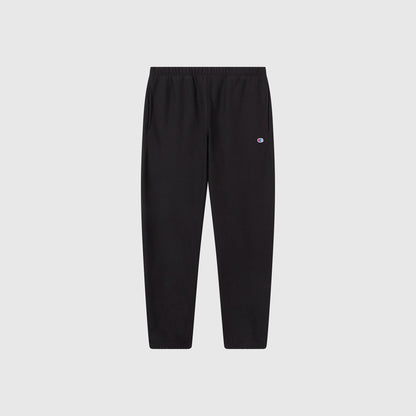 The Champion Men’s Knitted Elastic Cuff Pants are black athletic trousers featuring an elastic waistband and ankle cuffs, with a small embroidered logo on the upper left thigh, shown against a plain white background.