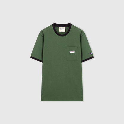 The Champion Men’s Knitted Ringer T-Shirt in green features a black collar and sleeve trim, front chest pocket, and a small Champion logo on the sleeve. Made from 100% cotton heavyweight fabric, this t-shirt is displayed laid flat on a light gray background.