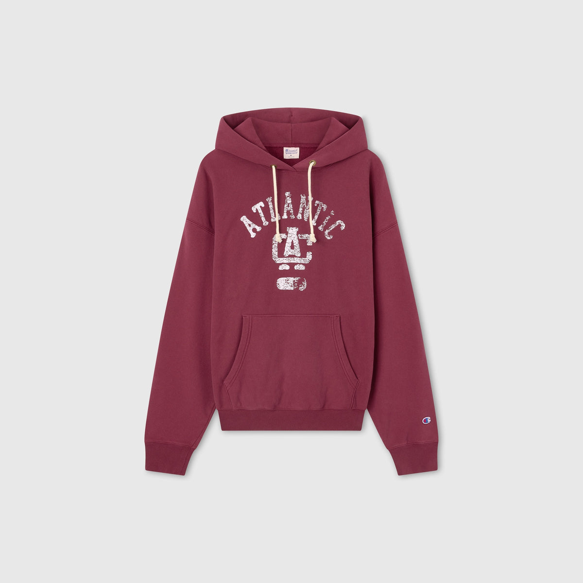 A men’s knitted hooded sweatshirt by Champion, crafted from heavyweight fleece in maroon, featuring a front pocket, “ATLANTIC” printed above a large white number 4 on the front, and finished with the signature small Champion logo on the left sleeve.