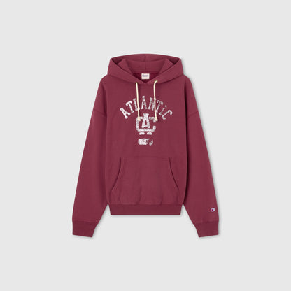 A men’s knitted hooded sweatshirt by Champion, crafted from heavyweight fleece in maroon, featuring a front pocket, “ATLANTIC” printed above a large white number 4 on the front, and finished with the signature small Champion logo on the left sleeve.