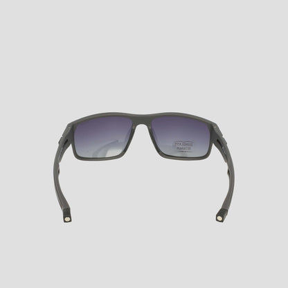 Men's Polarized Rectangle Retainer Wrap - Medium by Champion is shown from the rear, with the arms open and tips facing forward, displaying its black rectangular frame and dark gradient polarized lenses against a plain light gray background.