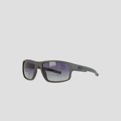 A pair of Champion Men's Polarized Rectangle Retainer Wrap sunglasses in gray, featuring medium-sized thick frames and gradient dark polarized lenses, is displayed against a plain white background, exemplifying sustainable eyewear designed for the modern man.