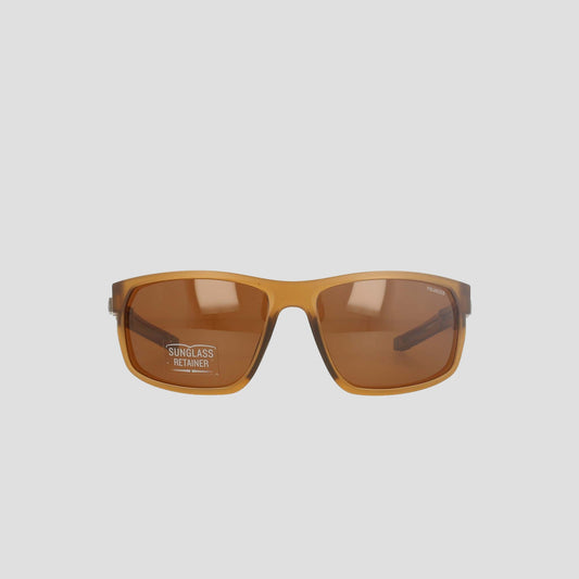 Champion Men's Polarized Rectangle Retainer Wrap - Medium sunglasses feature brown-tinted, rectangular polarized lenses and a thick, amber-colored frame. A sticker on the left lens reads "SUNGLASS RETAINER," emphasizing the men's retainer frame design. The background is plain and light gray.