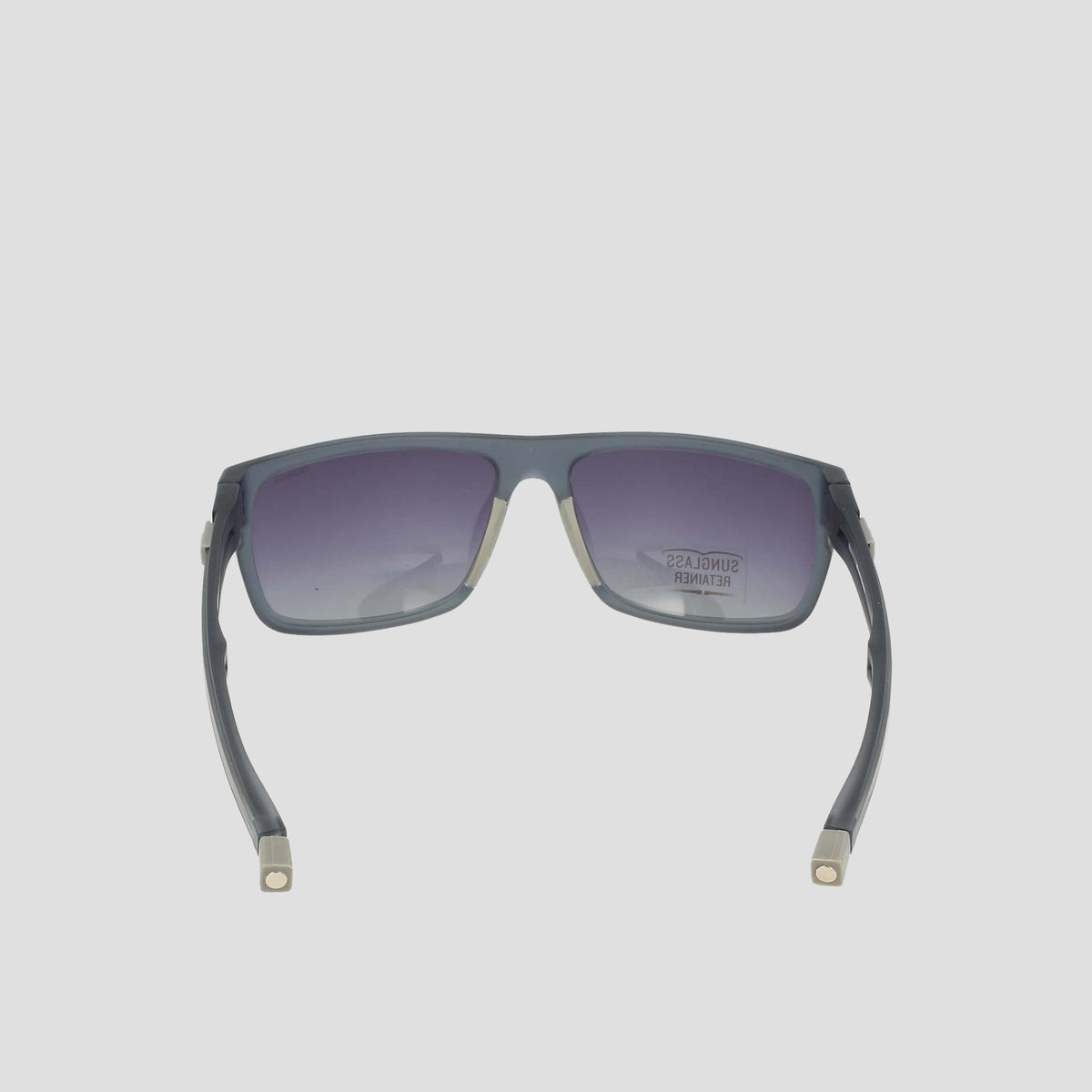 A pair of Champion Men's Polarized Wrap - Large sunglasses in dark gray is viewed from the back, displaying the inside of their bio-based, sustainable frame and the extended arms. The rectangular design features gradient polarized lenses.