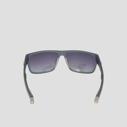 A pair of Champion Men's Polarized Wrap - Large sunglasses in dark gray is viewed from the back, displaying the inside of their bio-based, sustainable frame and the extended arms. The rectangular design features gradient polarized lenses.