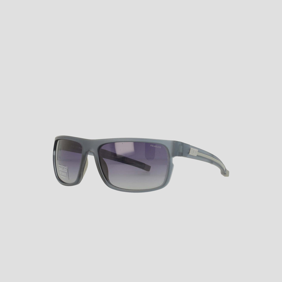 Champion Men's Polarized Wrap - Large sunglasses featuring black rectangular, thick bio-based frames and dark tinted polarized lenses, displayed against a plain light gray background—sustainable men's eyewear delivering both stylish looks and eco-conscious design.