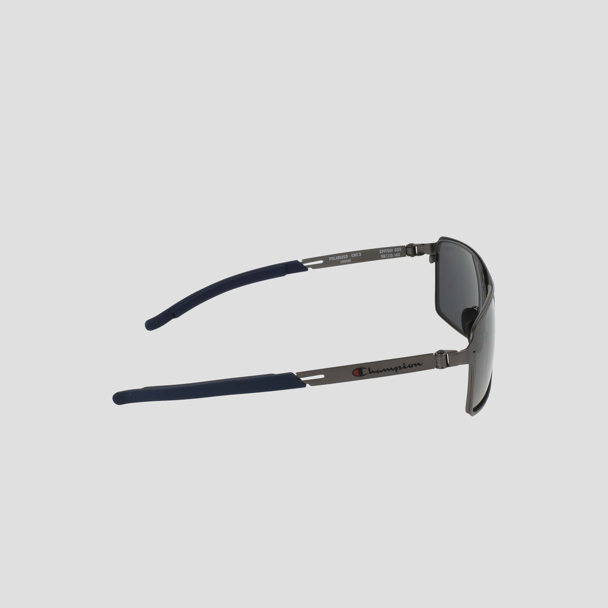 Side view of Champion Men's Polarized Stainless ST-Shirtl Comfort Fit sunglasses with blue arms, dark polarized lenses, and a stainless steel frame. The Champion logo appears on the arm. Background is plain light gray.