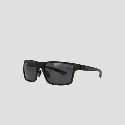 Men's Polarized Comfort Fit - Medium sunglasses by Champion, featuring a black rectangular design with dark polarized lenses and thick yet lightweight frames, displayed on a plain light gray background.